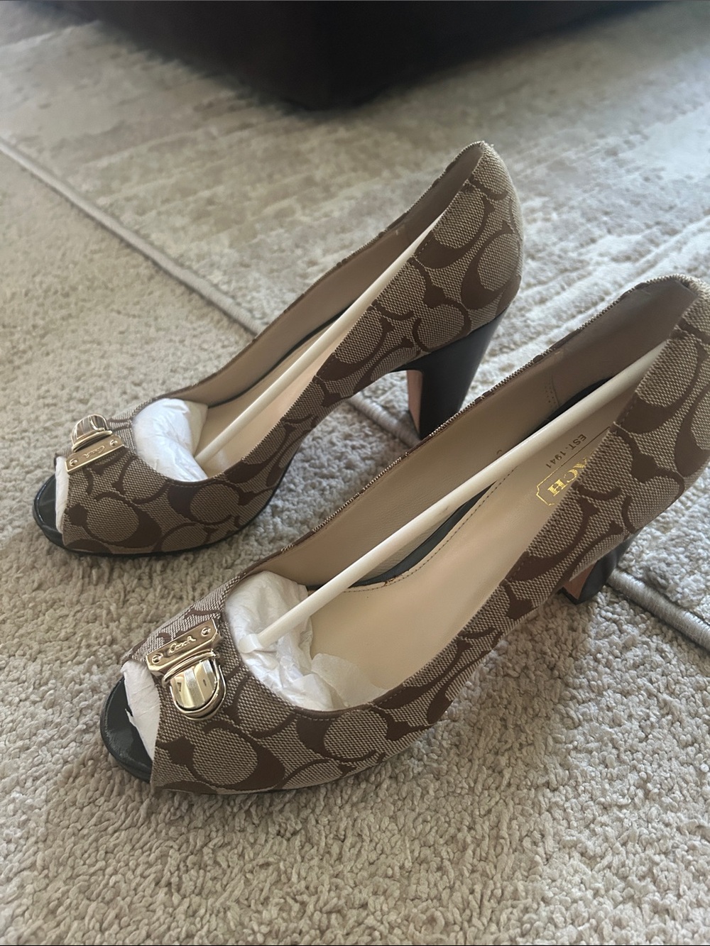 Coach Brown Signature Peep-Toe Heels with Gold Accent
